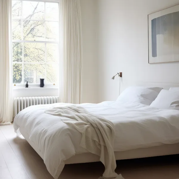 Habitación minimalista con textiles claros